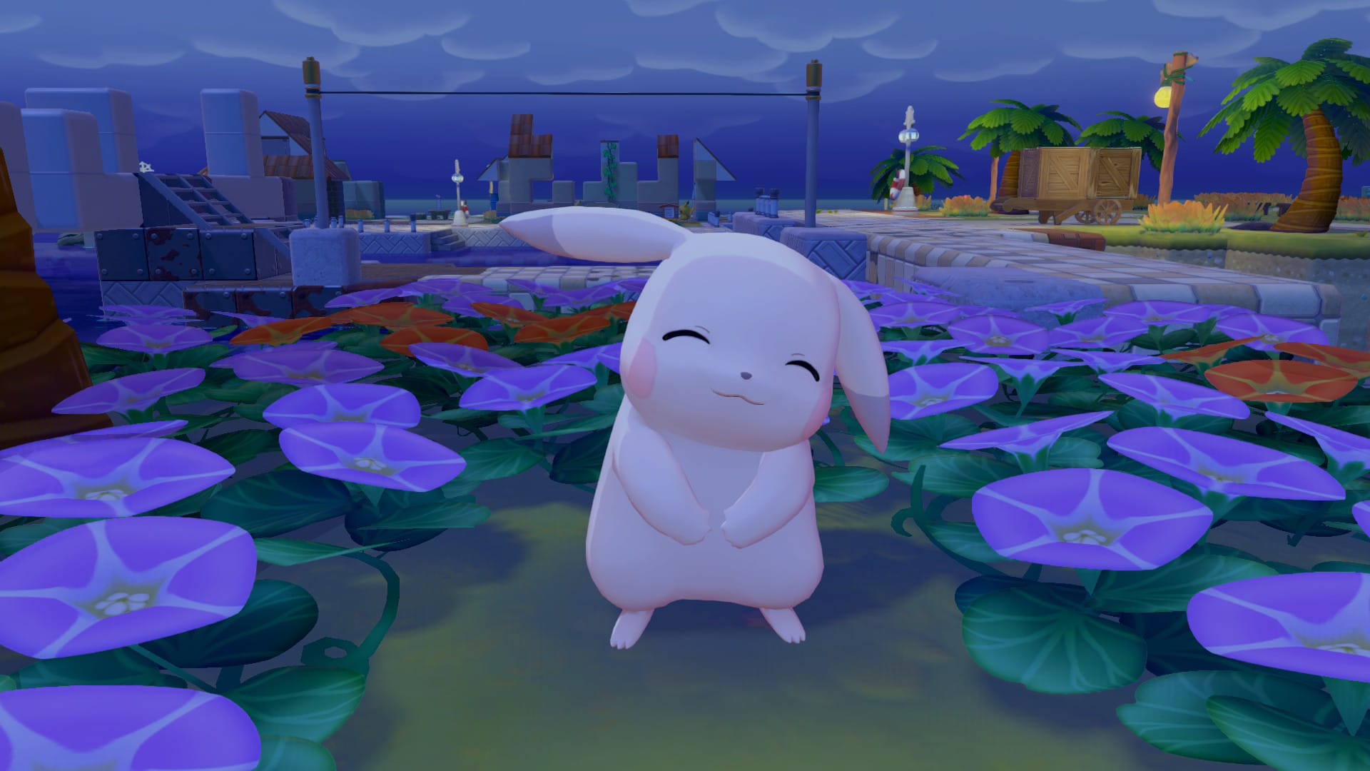 La pikacha palida sonriendo por la noche entre planticas